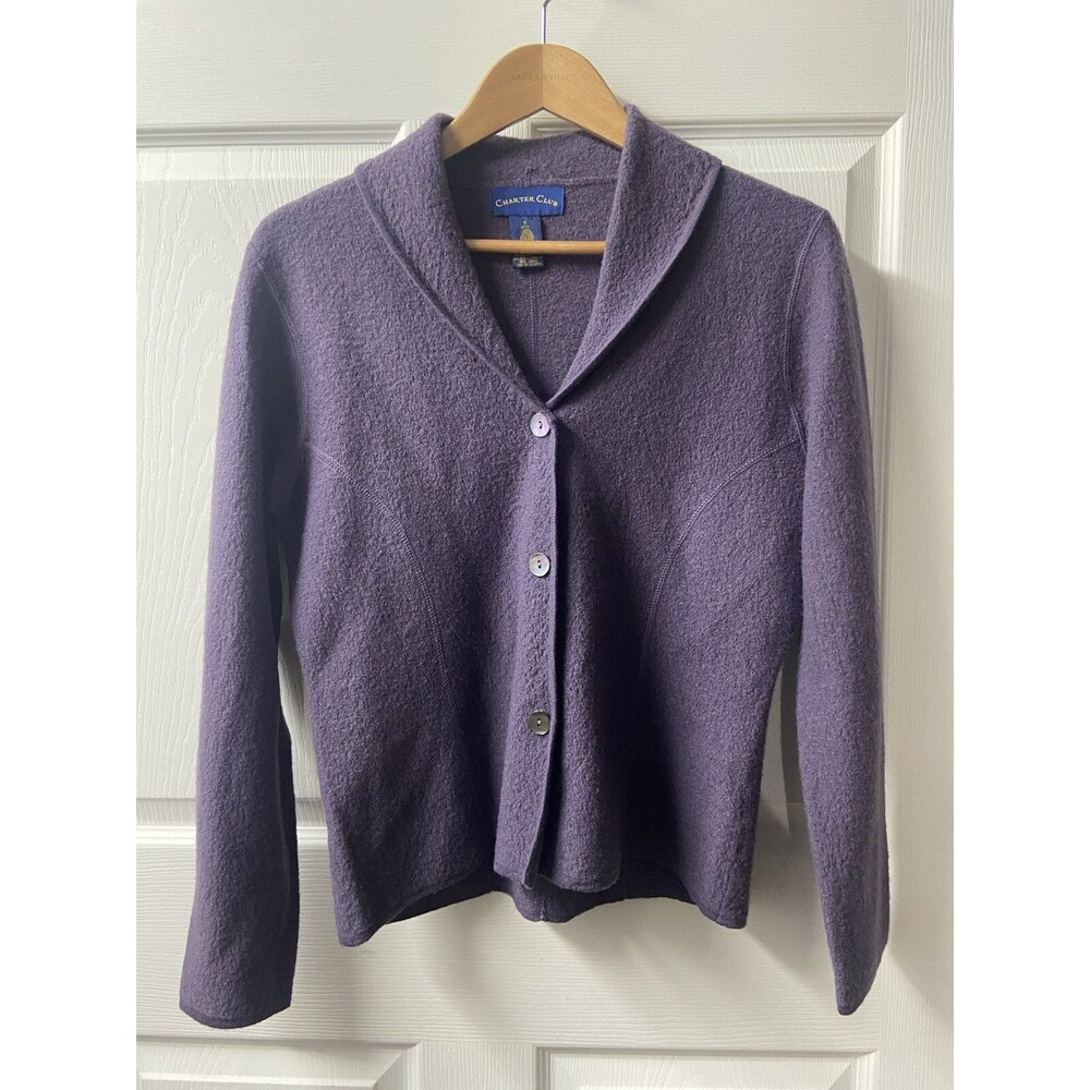 Charter Club Cardigan Sweater Womens Size M Gray 100% Wool Button Up Vtg